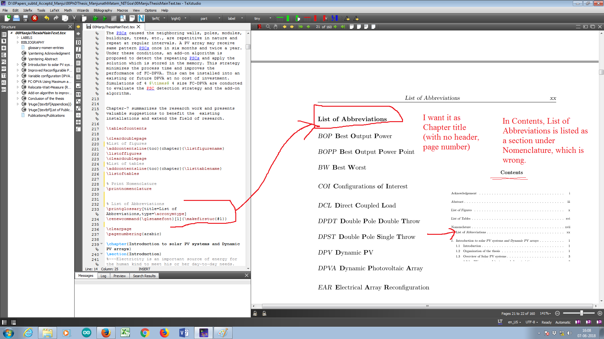 Please see the attachment to understand my Problem. I want the List of Abbreviations as Chapter title. Here, it appeared as section heading. Similarly, it appeared as section heading in Contents. Please, see the same attachment for contents list.