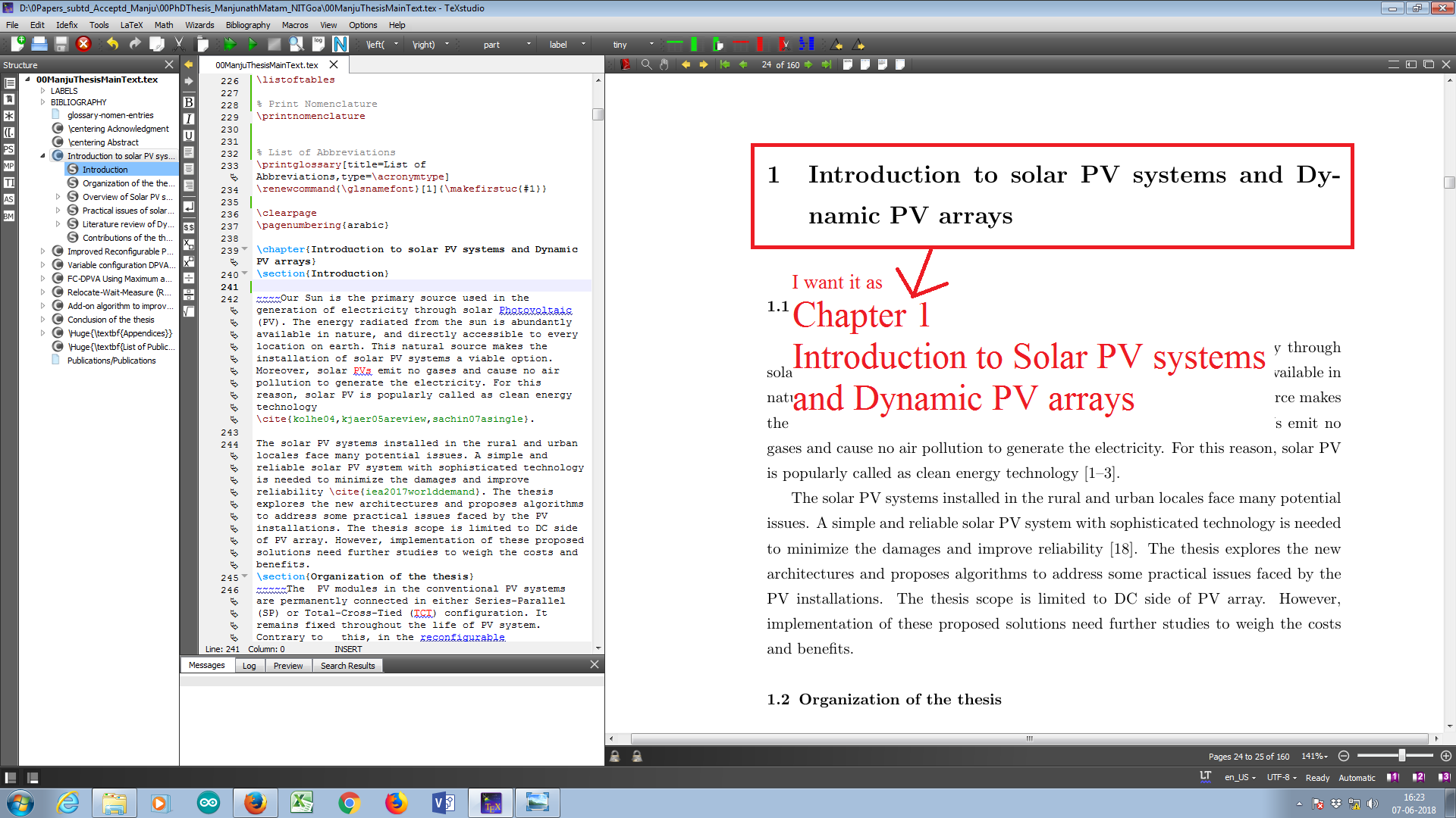 The first chapter title page dispayed as &quot;1 Introduction to Solar PV.....&quot;. However, I want to display, &quot;Chapter 1 (in the First line) Introduction to Solar PV ...(Second line)&quot; and with bigger font. This error is for every chapter. Please, see the attachment to understand the problem.