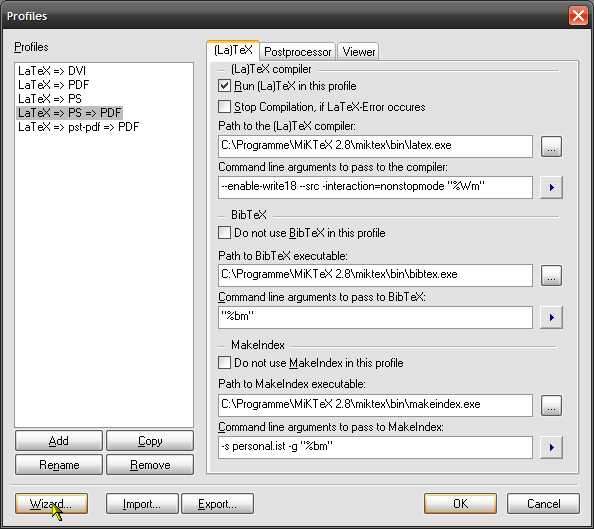 TXC profiles window with »Wizard« button.