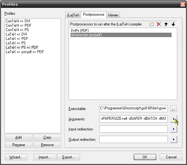 Postprocessor tab of the build profile &quot;LaTeX =&gt; PS =&gt; PDF&quot;.