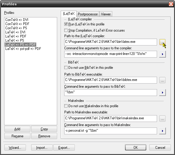 (La)TeX tab of the build profile &quot;LaTeX =&gt; PS =&gt; PDF&quot;.