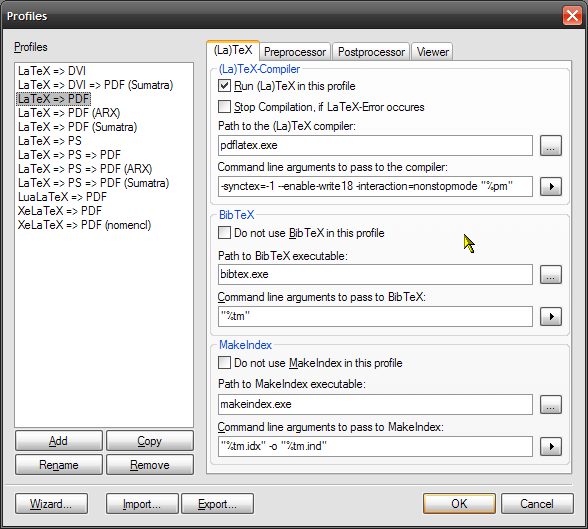 The settings in TXC on the (La)TeX tab.