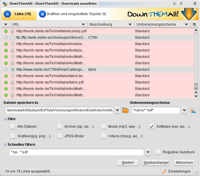 The download dialogue of the Firefox extension DownThemAll! (DTA!) for choosing files to download.