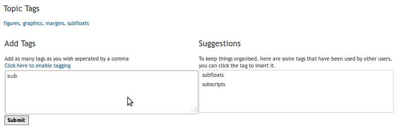 The form for entering tags, suggestions are automatically made while typing