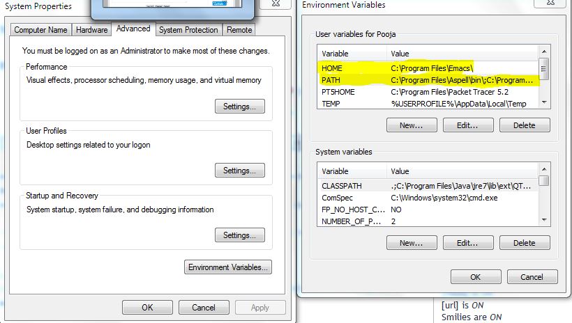 environment variables of Control Panel