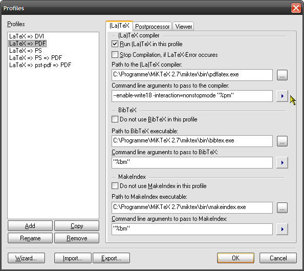 &quot;LaTeX&quot; tab of the build profile &quot;LaTeX =&gt; PDF&quot;.